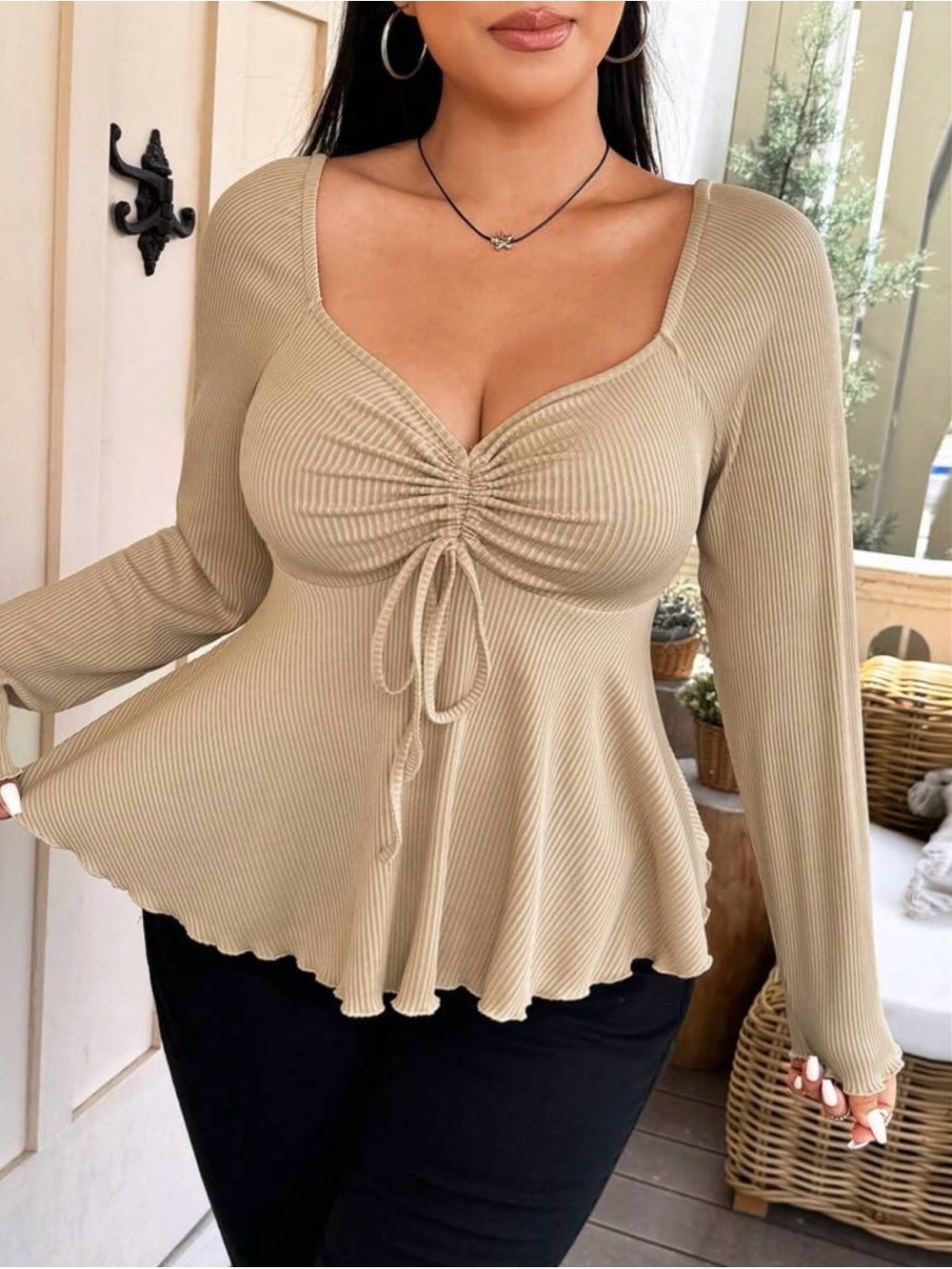 SHEIN Beige Ribbed Ruched Tie-Front Long Sleeve Peplum Top